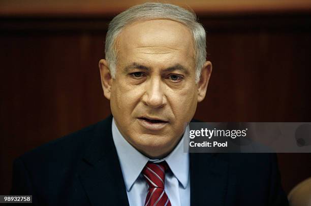 Israel's Prime Minister Benjamin Netanyahu attends the weekly cabinet meeting in his office on May 9, 2010 in Jerusalem, Israel. The meeting involved...