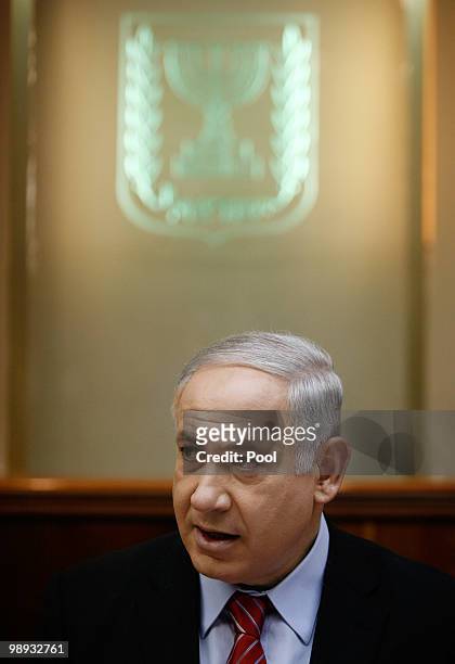 Israel's Prime Minister Benjamin Netanyahu attends the weekly cabinet meeting in his office on May 9, 2010 in Jerusalem, Israel. The meeting involved...