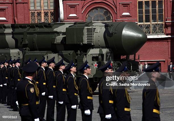 Russian nuclear Topol-M missile are driven in the Victory Day march parade on May 9, 2010 at Red Square, in Moscow, Russia. The military parade which...