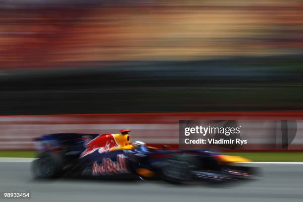 Sebastian Vettel of Germany and Red Bull Racing drives during the Spanish Formula One Grand Prix at the Circuit de Catalunya on May 9, 2010 in...