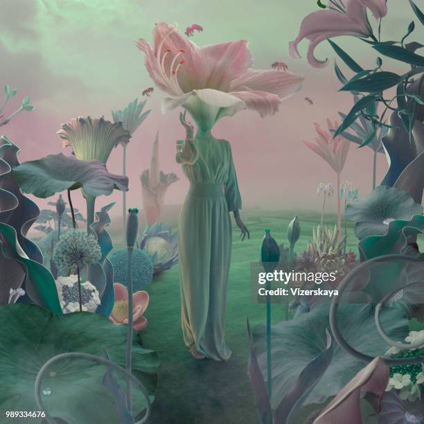 women with flower head in surreal garden - surrealismo imagens e fotografias de stock