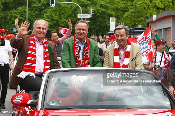 Uli Hoeness , president of Bayern Muenchen and Karl-Heinz Rummenigge , CEO of Bayern Muenchen as well as Karl Hopfner CFO of Bayern Muenchen...