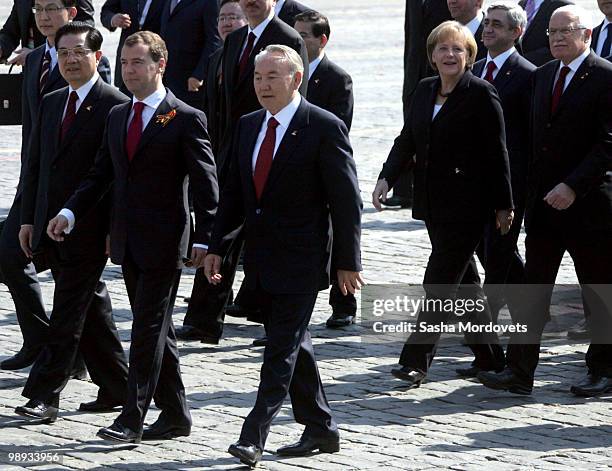 Chinese President Hu Jintao, Russian President Dmitry Medvedev, Kazakh President Nursultan Nazarbayev, German Chancellor Angela Merkel, and Czech...