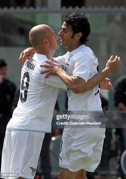 Tommaso Rocchi and Sergio Floccari of SS Lazio celebrate a goal for their team during the Serie A match between AS Livorno Calcio and SS Lazio at...