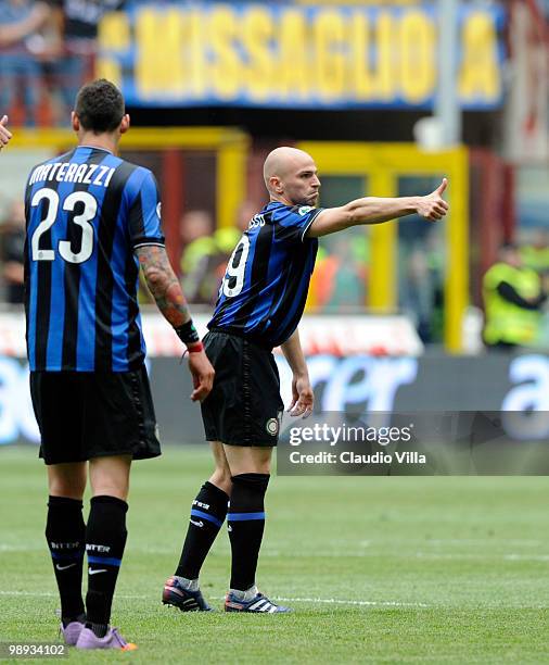 Esteban Cambiasso of FC Internazionale Milano celebrates after the second goal during the Serie A match between FC Internazionale Milano and AC...