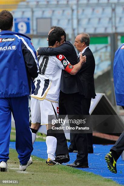 Antonio Di Natale of Udinese celebrates after scoring his first goal with head coach Pasquale Marino during the Serie A match between Udinese Calcio...