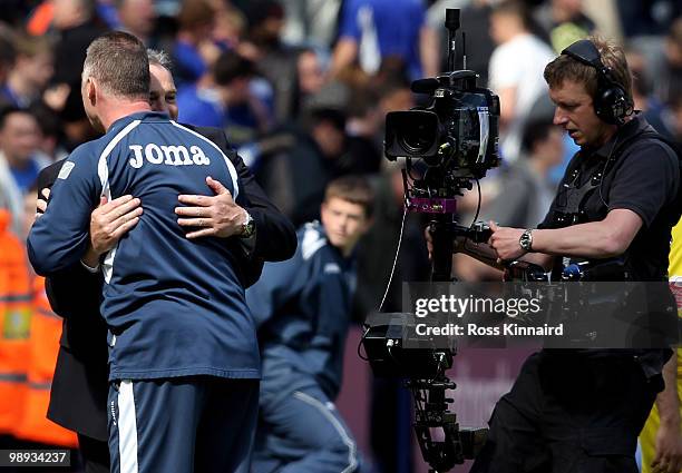 Nigel Pearson, manager of Leicester and David Jones, manager of Cardiff after the Coca-Cola Championship Playoff Semi Final 1st Leg between Leicester...