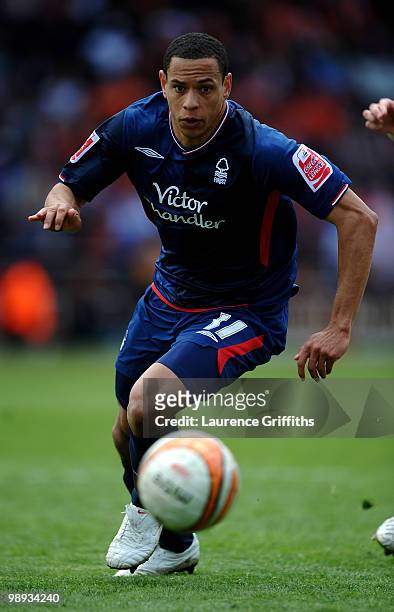 Nathan Tyson of Nottingham Forest in action during the Coca-Cola Championship Playoff Semi Final 1st Leg match at Bloomfield Road on May 8, 2010 in...