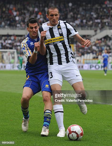 Giorgio Chiellini of Juventus FC competes for the ball with Davide Lanzafame of Parma FC during the Serie A match between Juventus FC and Parma FC at...