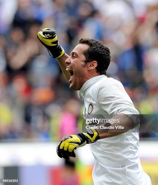 Julio Cesar of FC Internazionale Milano celebrates after his team's second goal is scored during the Serie A match between FC Internazionale Milano...