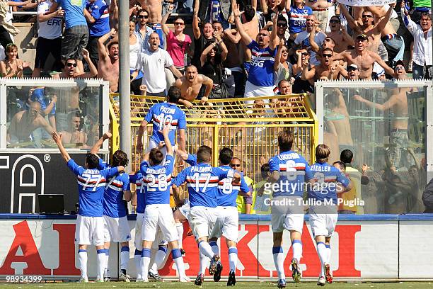 Gampaolo Pazzini of Sampdoria celebrates after scoring the opening goal during the Serie A match between US Citta di Palermo and UC Sampdoria at...