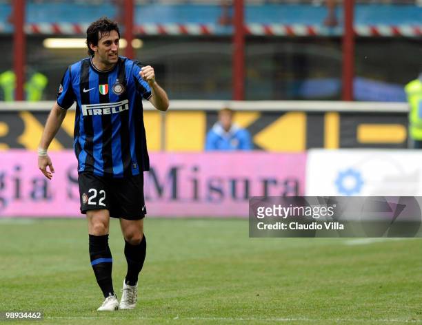 Diego Milito of FC Internazionale Milano celebrates after scoring his team's third goal during the Serie A match between FC Internazionale Milano and...