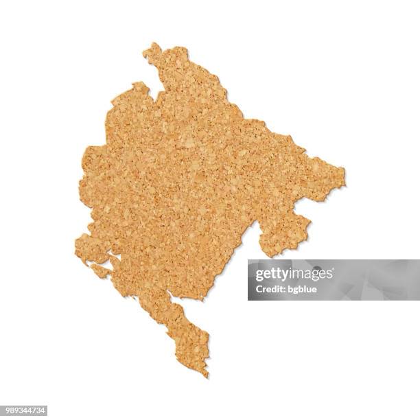 montenegro map in cork board texture on white background - nature pattern border stock illustrations