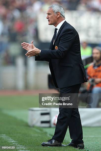 Claudio Ranieri, the coach of AS Roma, gestures during the Serie A match between AS Roma and Cagliari Calcio at Stadio Olimpico on May 9, 2010 in...