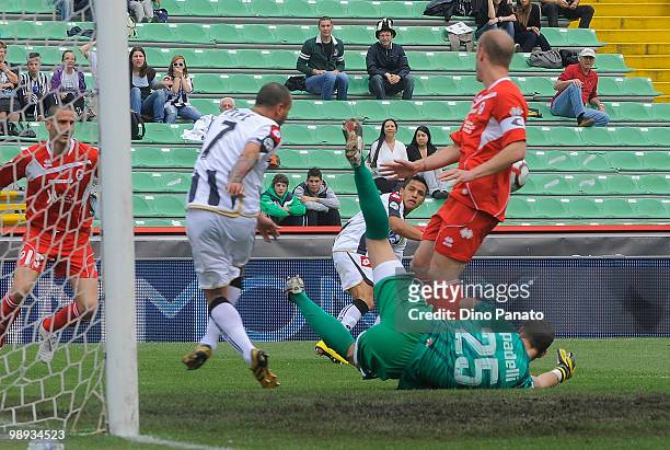 Daniele Padelli goal kepeer of Bari saves a goal at the feet of Simone Pepe of Udinese during the Serie A match between Udinese Calcio and AS Bari at...