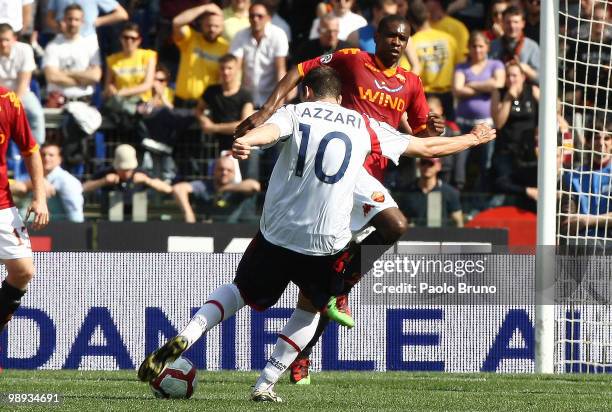 Andrea Lazzari of Cagliari Calcio scores the opening goal during the Serie A match between AS Roma and Cagliari Calcio at Stadio Olimpico on May 9,...