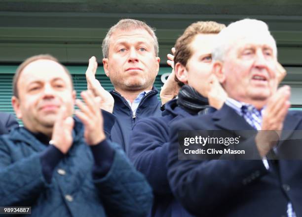 Chelsea owner Roman Abramovich looks on prior to the Barclays Premier League match between Chelsea and Wigan Athletic at Stamford Bridge on May 9,...