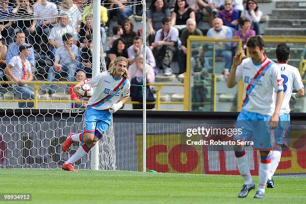 Maxi Lopez of Catania celebrates after scoring a goal during the Serie A match between Bologna FC and Catania Calcio at Stadio Renato Dall'Ara on May...