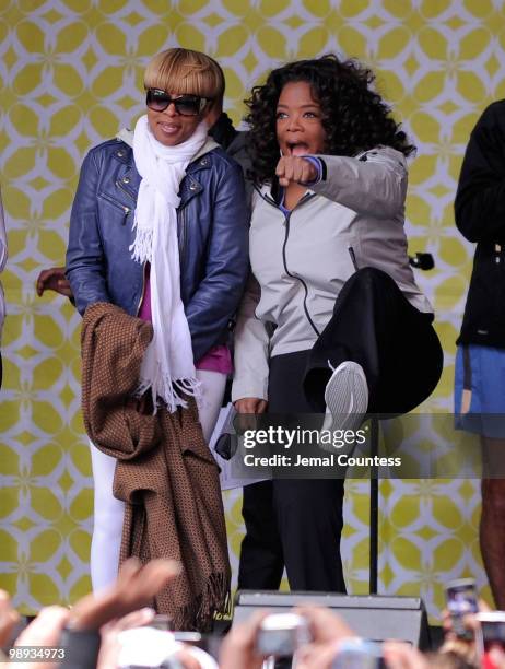 Singer Mary J. Blige and media personality Oprah Winfrey celebrate at the completion of the "Live Your Best Life Walk" to celebrate O, The Oprah...