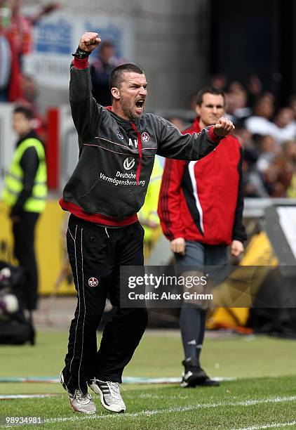 Head coach Marco Kurz of Kaiserslautern celebrates during the Second Bundesliga match between 1. FC Kaiserslautern and FC Augsburg at the...