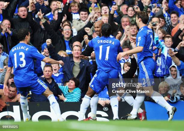 Nicolas Anelka of Chelsea celebrates with Michael Ballack , Didier Drogba and Branislav Ivanovic as he scores their first goal during the Barclays...