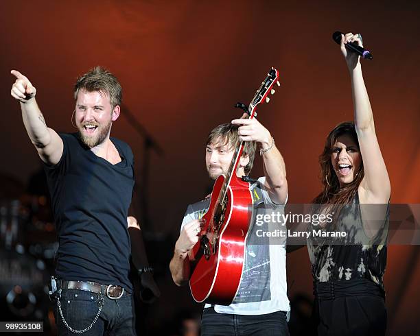 Charles Kelley, Dave Haywood and Hillary Scott of Lady Antebellum perform at Cruzan Amphitheatre on May 8, 2010 in West Palm Beach, Florida.