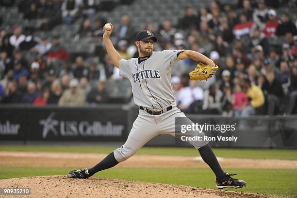 David Aardsma of the Seattle Mariners pitches against the Chicago White Sox on April 24, 2010 at U.S. Cellular Field in Chicago, Illinois. The White...