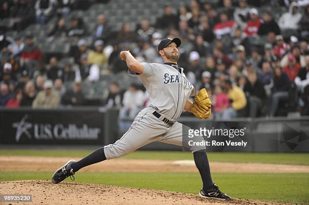 David Aardsma of the Seattle Mariners pitches against the Chicago White Sox on April 24, 2010 at U.S. Cellular Field in Chicago, Illinois. The White...