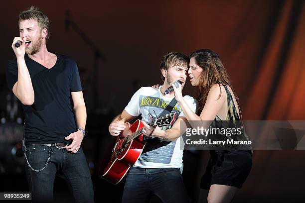 Charles Kelley, Dave Haywood and Hillary Scott of Lady Antebellum perform at Cruzan Amphitheatre on May 8, 2010 in West Palm Beach, Florida.