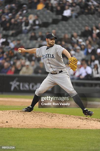 David Aardsma of the Seattle Mariners pitches against the Chicago White Sox on April 24, 2010 at U.S. Cellular Field in Chicago, Illinois. The White...