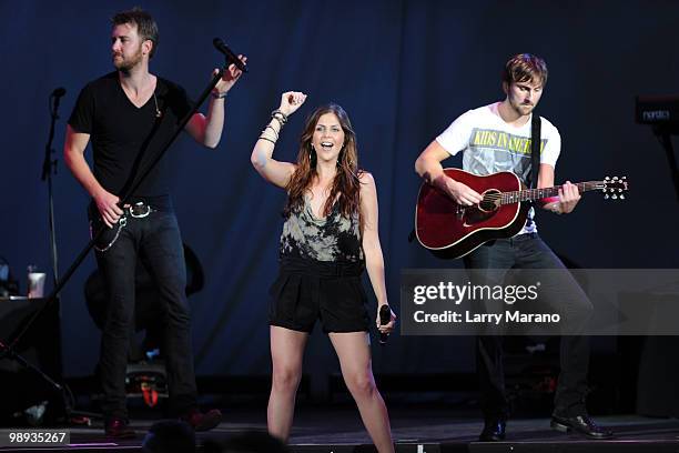 Charles Kelley, Hillary Scott and Dave Haywood of Lady Antebellum perform at Cruzan Amphitheatre on May 8, 2010 in West Palm Beach, Florida.