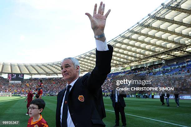 Roma's coach Claudio Ranieri celebrates after his team defeated Cagliari during their Italian Serie A football match on May 9, 2010 at Olimpico...