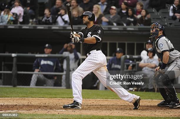 Alex Rios of the Chicago White Sox hits a walk-off, two-run home run against David Aardsma of the Seattle Mariners on April 24, 2010 at U.S. Cellular...