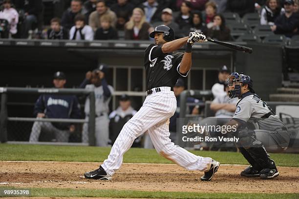 Alex Rios of the Chicago White Sox hits a walk-off, two-run home run against David Aardsma of the Seattle Mariners on April 24, 2010 at U.S. Cellular...