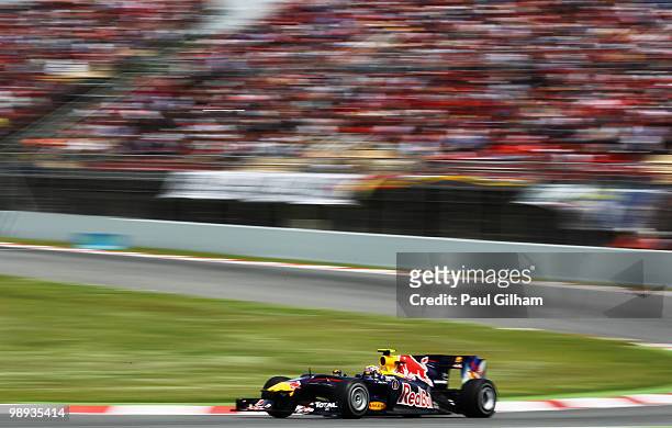 Mark Webber of Australia and Red Bull Racing drives on his way to winning the Spanish Formula One Grand Prix at the Circuit de Catalunya on May 9,...
