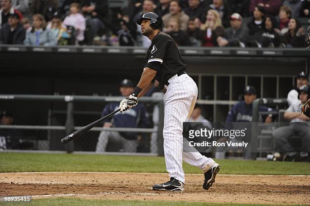 Alex Rios of the Chicago White Sox hits a walk-off, two-run home run against David Aardsma of the Seattle Mariners on April 24, 2010 at U.S. Cellular...