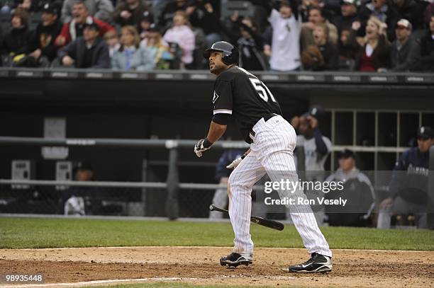 Alex Rios of the Chicago White Sox hits a walk-off, two-run home run against David Aardsma of the Seattle Mariners on April 24, 2010 at U.S. Cellular...