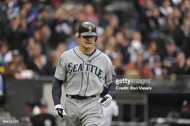 Eric Byrnes of the Seattle Mariners reacts after striking out against the Chicago White Sox on April 24, 2010 at U.S. Cellular Field in Chicago,...