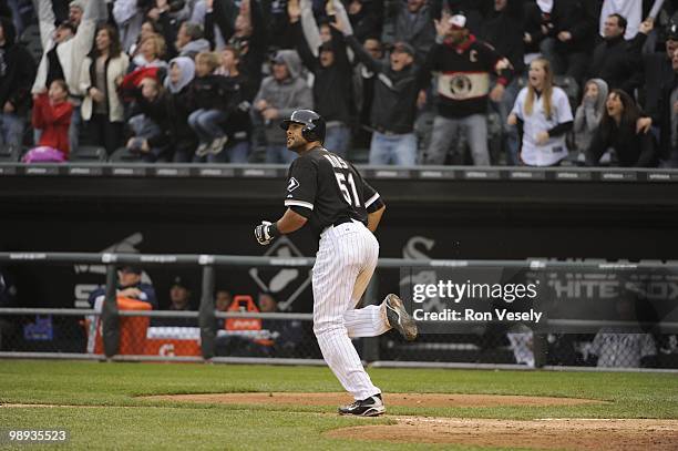 Alex Rios of the Chicago White Sox hits a walk-off, two-run home run against David Aardsma of the Seattle Mariners on April 24, 2010 at U.S. Cellular...