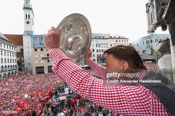 Head coach Louis van Gaal of Bayern Muenchen celebrates the German championship title on the balcony of the town hall on May 9, 2010 in Munich,...