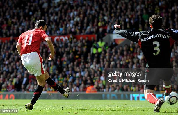 Ryan Giggs of Manchester United scores his team's second goal during the Barclays Premier League match between Manchester United and Stoke City at...