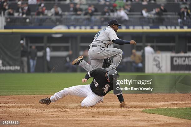 Chone Figgins of the Seattle Mariners fields against the Chicago White Sox on April 24, 2010 at U.S. Cellular Field in Chicago, Illinois. The White...