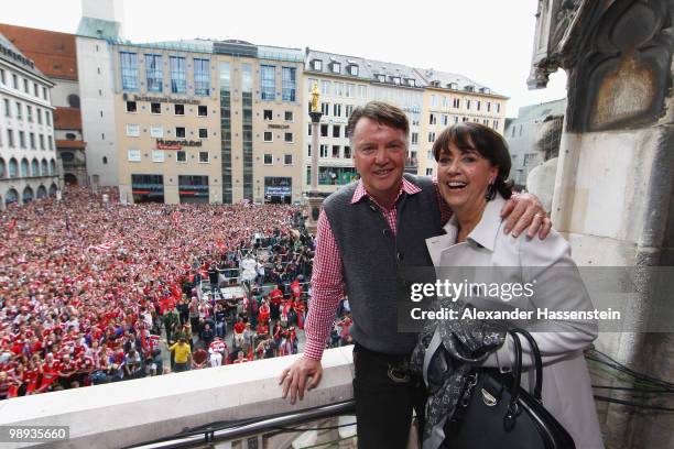 Head coach Louis van Gaal of Bayern Muenchen celebrates with his wife Truus van Gaal the German championship title on the balcony of the town hall on...