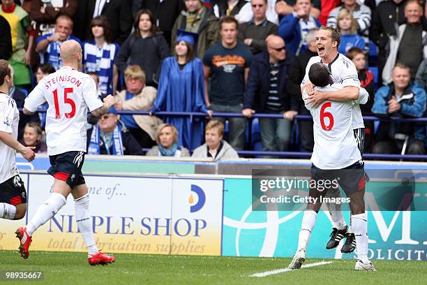 Bolton Wanderers's Kevin Davies celebrates his goal with Fabrice Muamba during the Barclays Premier League match between Bolton Wanderers and...