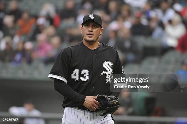 Freddy Garcia of the Chicago White Sox looks on against the Seattle Mariners on April 24, 2010 at U.S. Cellular Field in Chicago, Illinois. The White...