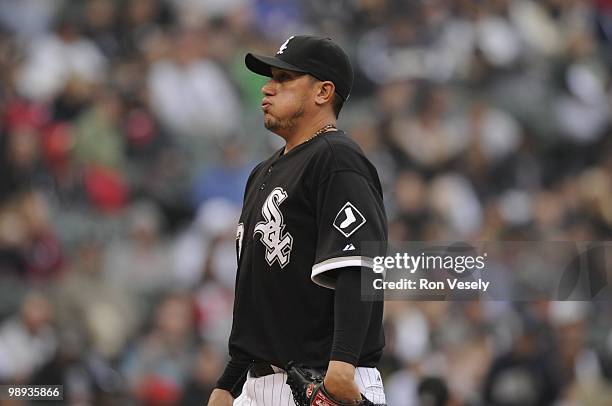 Freddy Garcia of the Chicago White Sox looks on against the Seattle Mariners on April 24, 2010 at U.S. Cellular Field in Chicago, Illinois. The White...