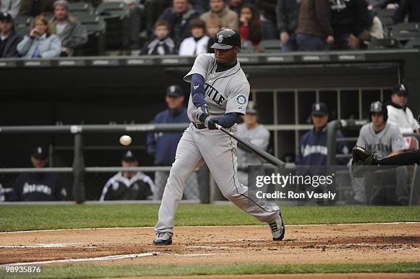 Ken Griffey Jr. #24 of the Seattle Mariners bats against the Chicago White Sox on April 24, 2010 at U.S. Cellular Field in Chicago, Illinois. The...