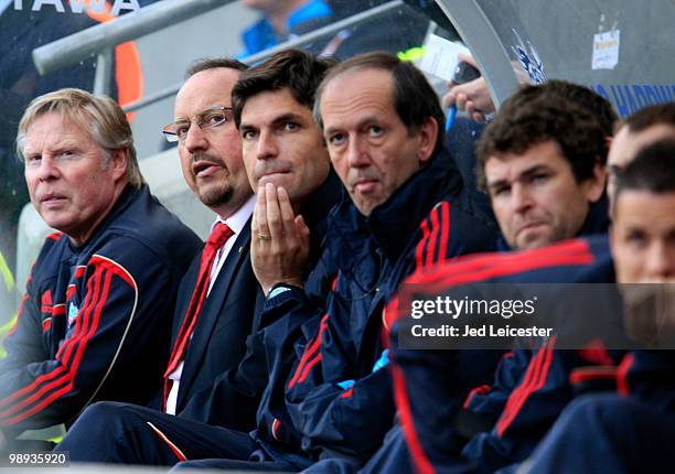 Liverpool manger Rafael Benitez and his coaching staff on the bench during the Barclays Premier League match between Hull City and Liverpool at the...