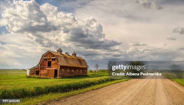 barn near dirt road in fair weather - masseria foto e immagini stock