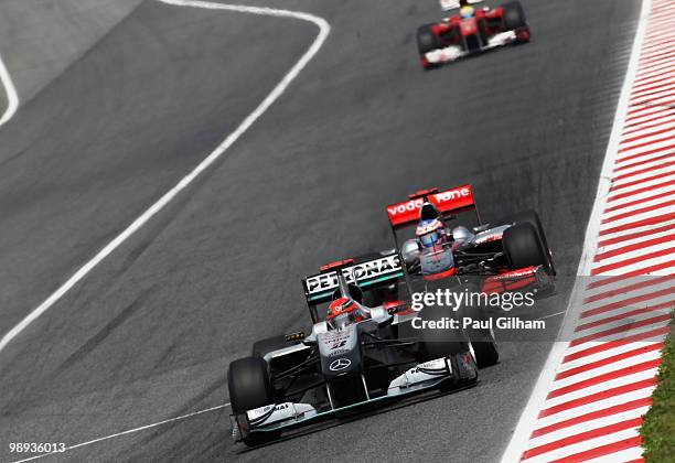 Michael Schumacher of Germany and Mercedes GP drives during the Spanish Formula One Grand Prix at the Circuit de Catalunya on May 9, 2010 in...